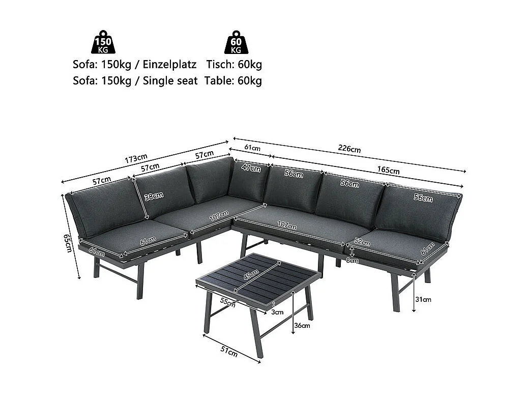 Conjunto de mobiliário de jardim exterior 6 pessoas - com mesa de centro e almofadas grossas 8 cm - Cinzento