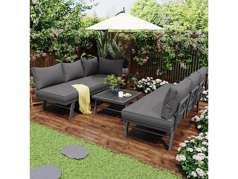 Conjunto de mobiliário de jardim exterior 6 pessoas - com mesa de centro e almofadas grossas 8 cm - Cinzento