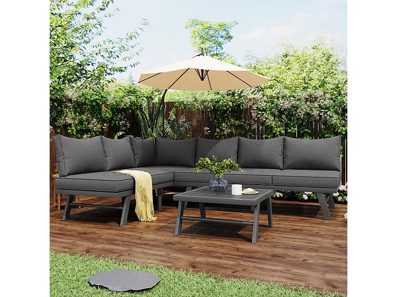 Conjunto de mobiliário de jardim exterior 6 pessoas - com mesa de centro e almofadas grossas 8 cm - Cinzento