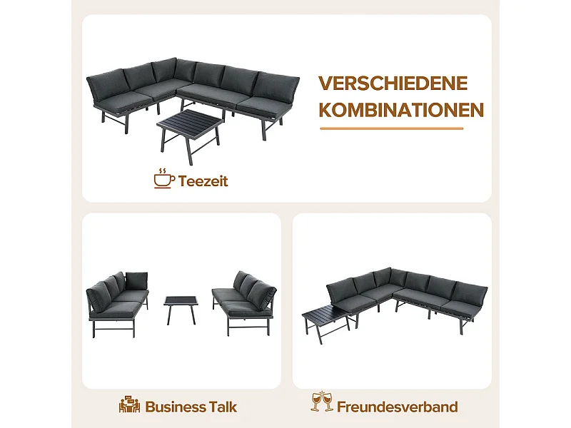 Conjunto de mobiliário de jardim exterior 6 pessoas - com mesa de centro e almofadas grossas 8 cm - Cinzento