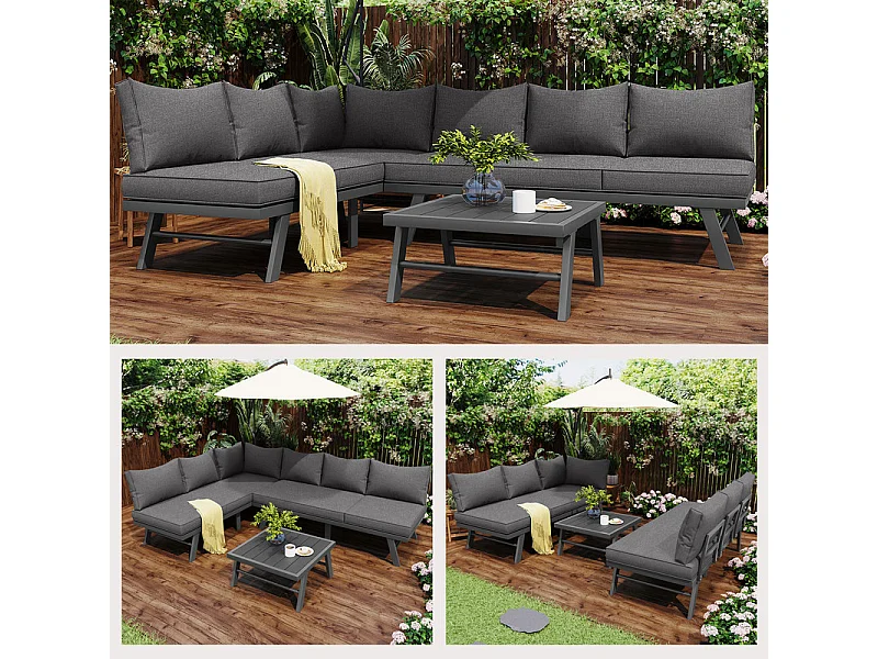 Conjunto de mobiliário de jardim exterior 6 pessoas - com mesa de centro e almofadas grossas 8 cm - Cinzento