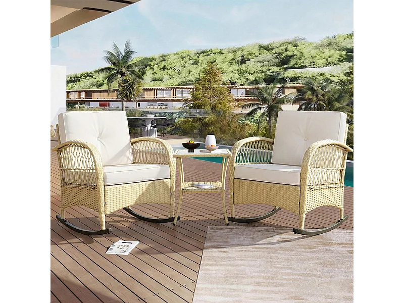 Gartenlounge aus Metall und Rattan: 2 Schaukelstühle + quadratischer Beistelltisch aus gehärtetem Glas, Beige