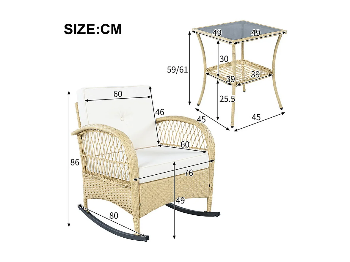 Gartenlounge aus Metall und Rattan: 2 Schaukelstühle + quadratischer Beistelltisch aus gehärtetem Glas, Beige