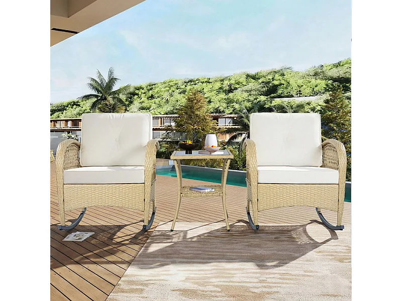 Gartenlounge aus Metall und Rattan: 2 Schaukelstühle + quadratischer Beistelltisch aus gehärtetem Glas, Beige