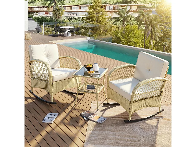 Gartenlounge aus Metall und Rattan: 2 Schaukelstühle + quadratischer Beistelltisch aus gehärtetem Glas, Beige