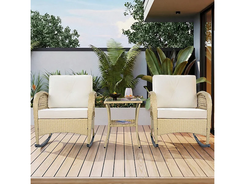 Gartenlounge aus Metall und Rattan: 2 Schaukelstühle + quadratischer Beistelltisch aus gehärtetem Glas, Beige