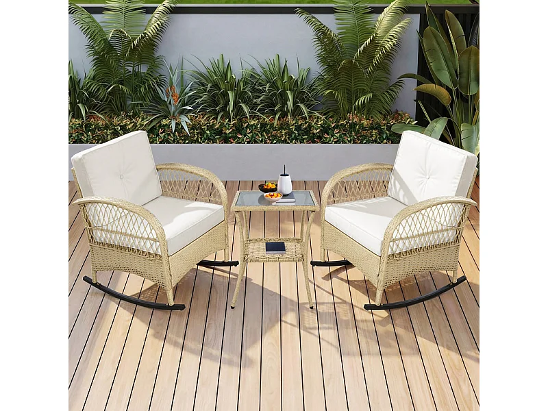 Gartenlounge aus Metall und Rattan: 2 Schaukelstühle + quadratischer Beistelltisch aus gehärtetem Glas, Beige