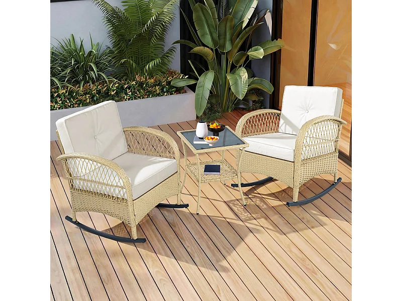 Gartenlounge aus Metall und Rattan: 2 Schaukelstühle + quadratischer Beistelltisch aus gehärtetem Glas, Beige