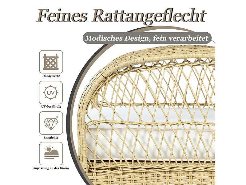 Gartenlounge aus Metall und Rattan: 2 Schaukelstühle + quadratischer Beistelltisch aus gehärtetem Glas, Beige