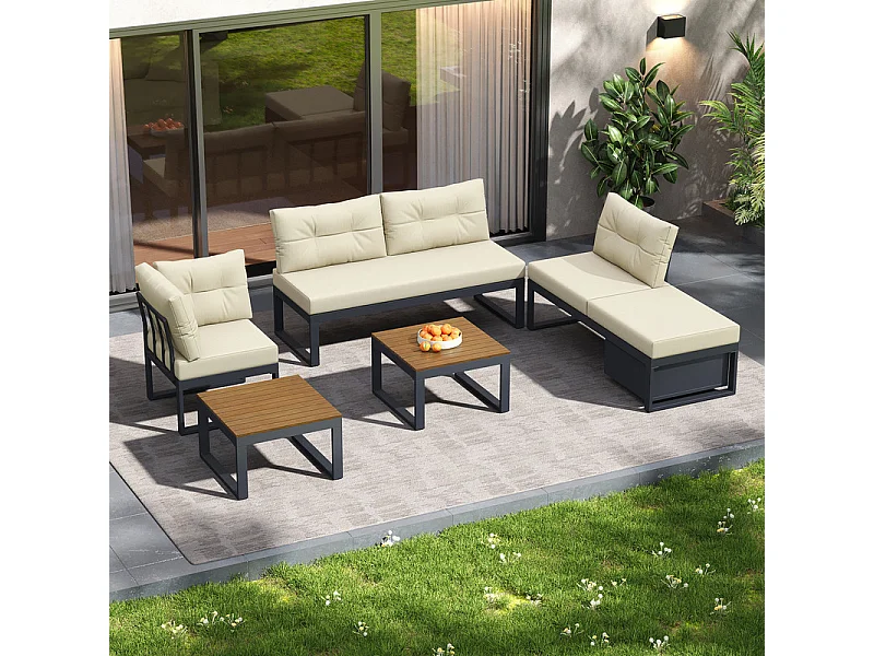 Sala de jardim modular em ferro: 1 sofá de canto elevável + 2 mesas de centro - 3 níveis ajustáveis + arrumação - Bege