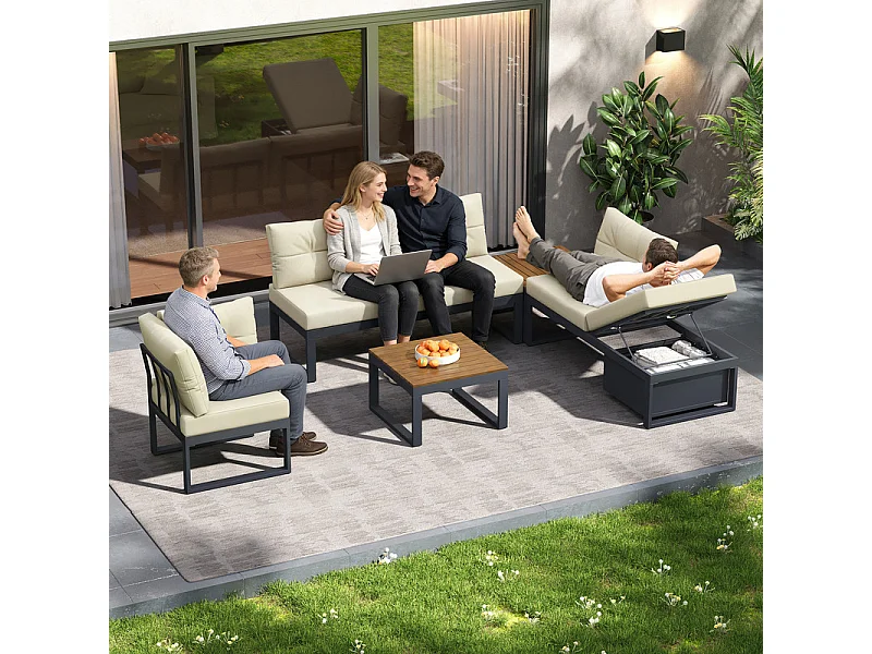 Sala de jardim modular em ferro: 1 sofá de canto elevável + 2 mesas de centro - 3 níveis ajustáveis + arrumação - Bege