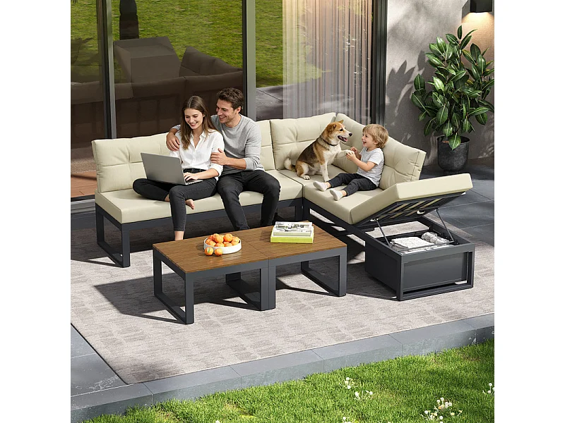 Sala de jardim modular em ferro: 1 sofá de canto elevável + 2 mesas de centro - 3 níveis ajustáveis + arrumação - Bege