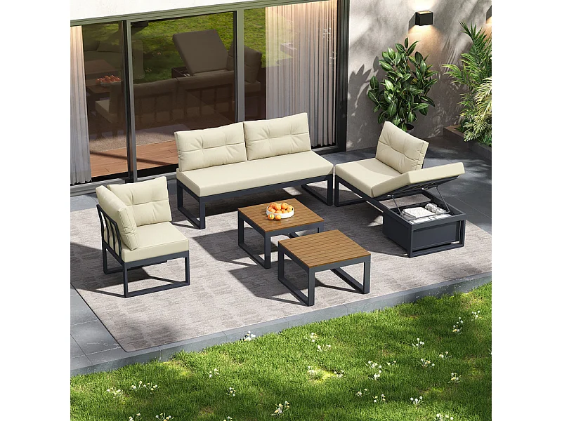 Sala de jardim modular em ferro: 1 sofá de canto elevável + 2 mesas de centro - 3 níveis ajustáveis + arrumação - Bege