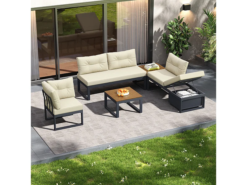 Sala de jardim modular em ferro: 1 sofá de canto elevável + 2 mesas de centro - 3 níveis ajustáveis + arrumação - Bege