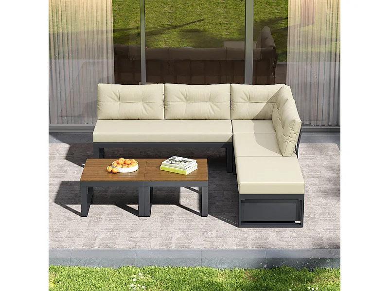 Sala de jardim modular em ferro: 1 sofá de canto elevável + 2 mesas de centro - 3 níveis ajustáveis + arrumação - Bege