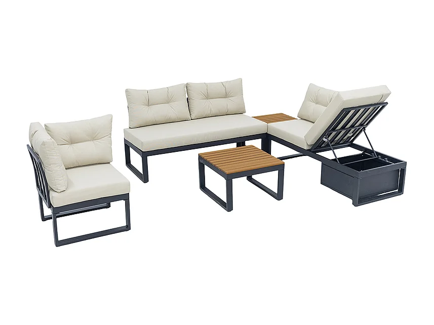 Sala de jardim modular em ferro: 1 sofá de canto elevável + 2 mesas de centro - 3 níveis ajustáveis + arrumação - Bege