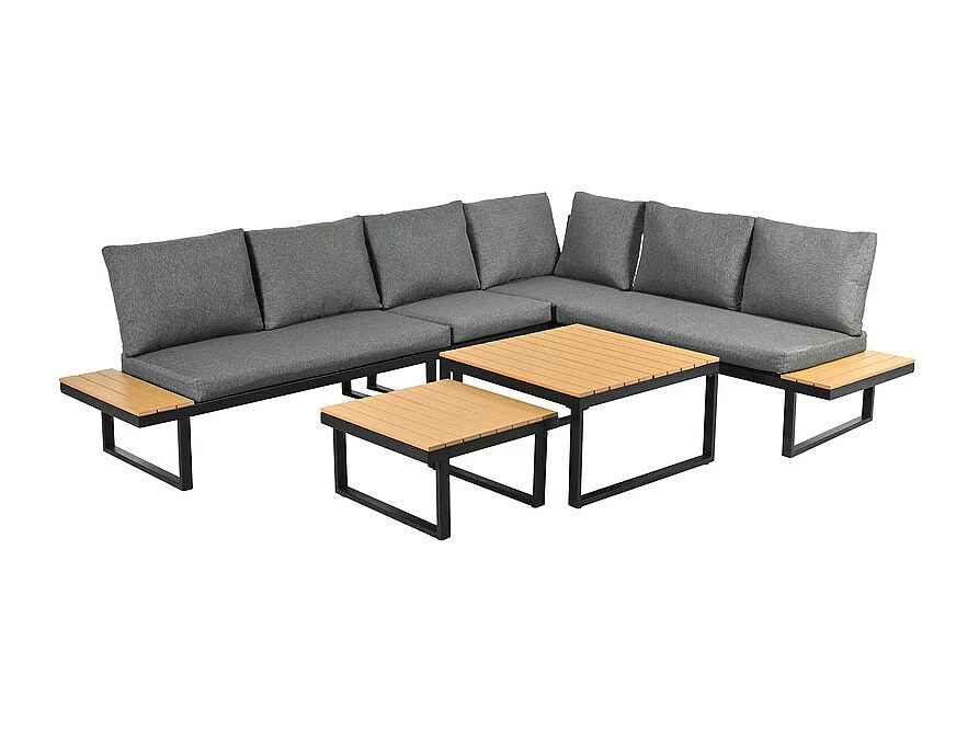 Salón de jardín modular de acero: sofá esquinero + mesas de centro nido, con 5 niveles elevables, Gris