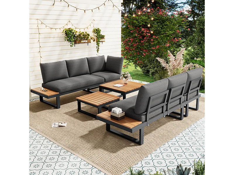 Salón de jardín modular de acero: sofá esquinero + mesas de centro nido, con 5 niveles elevables, Gris