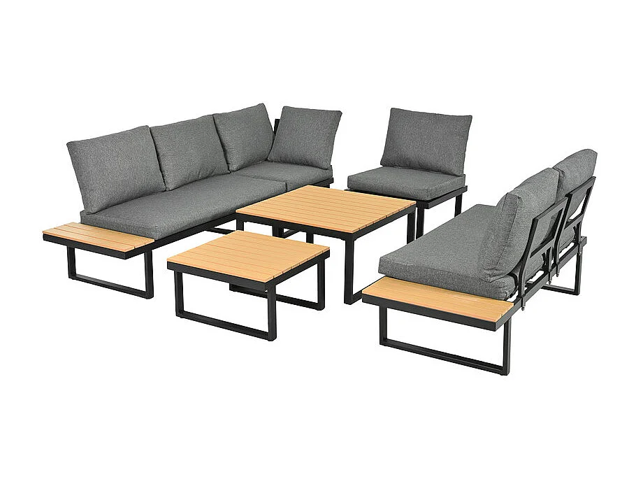 Salón de jardín modular de acero: sofá esquinero + mesas de centro nido, con 5 niveles elevables, Gris