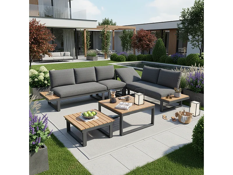 Salón de jardín modular de acero: sofá esquinero + mesas de centro nido, con 5 niveles elevables, Gris
