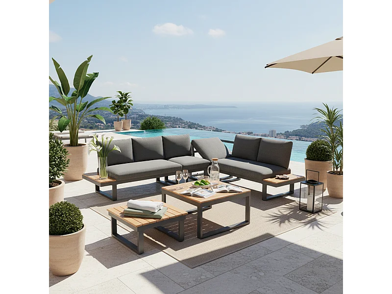 Salón de jardín modular de acero: sofá esquinero + mesas de centro nido, con 5 niveles elevables, Gris