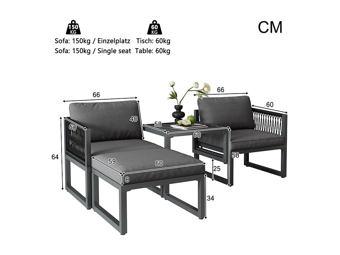 Sala de jardim modular em alumínio 2 lugares, com almofadas e pés antiderrapantes, Cinzento