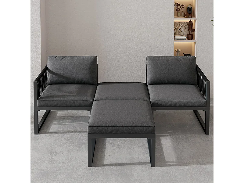 Sala de jardim modular em alumínio 2 lugares, com almofadas e pés antiderrapantes, Cinzento