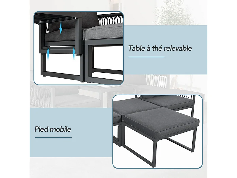 Sala de jardim modular em alumínio 2 lugares, com almofadas e pés antiderrapantes, Cinzento