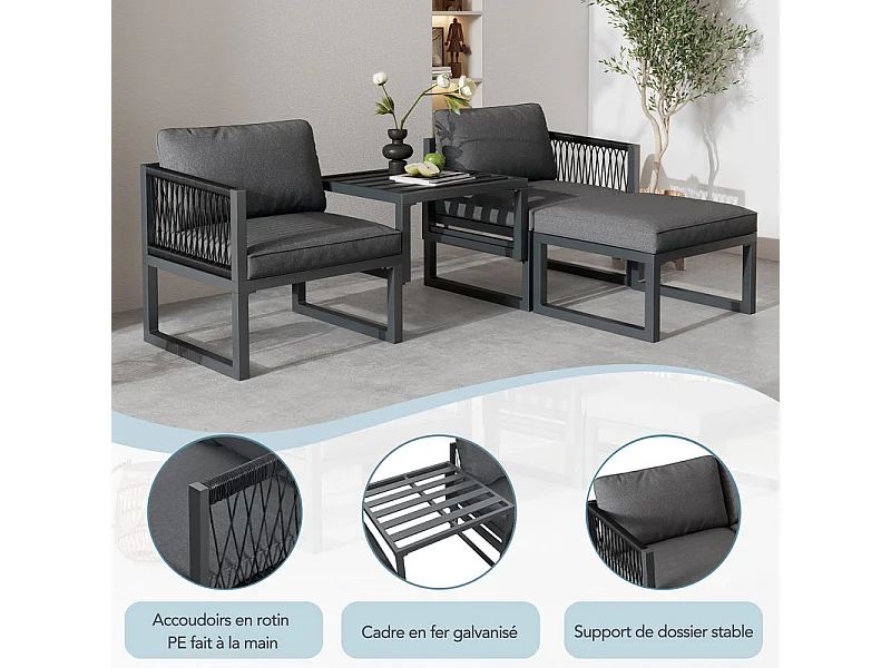 Sala de jardim modular em alumínio 2 lugares, com almofadas e pés antiderrapantes, Cinzento