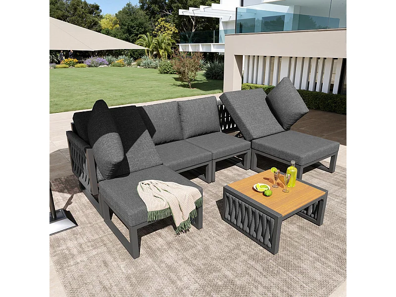 Salon de jardin exterieur, 6 places, avec table basse et coussins, 5 dossiers réglables, Gris