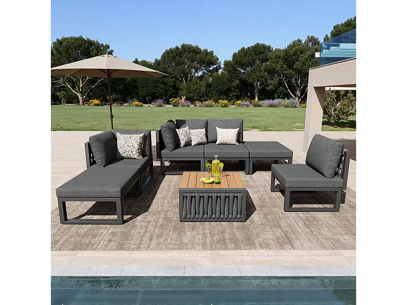 Salon de jardin exterieur, 6 places, avec table basse et coussins, 5 dossiers réglables, Gris