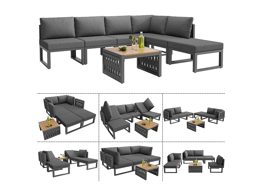Salon de jardin exterieur, 6 places, avec table basse et coussins, 5 dossiers réglables, Gris