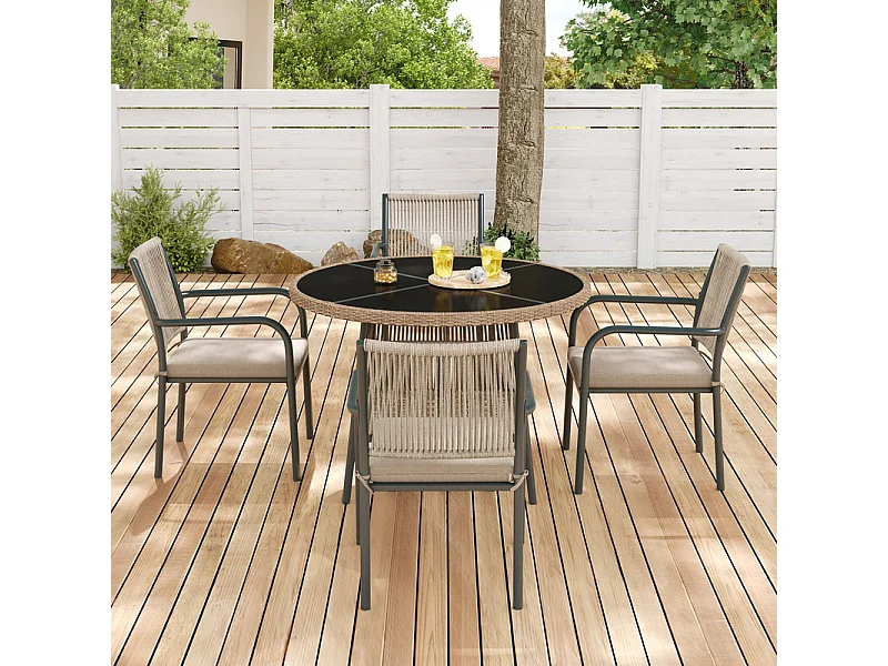 Sala de jardim em metal e rattan PE - mesa redonda e 4 poltronas - tampo de mesa em vidro - Cinzento