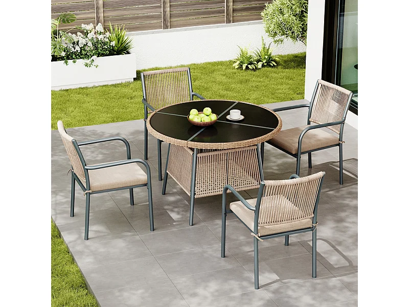 Sala de jardim em metal e rattan PE - mesa redonda e 4 poltronas - tampo de mesa em vidro - Cinzento