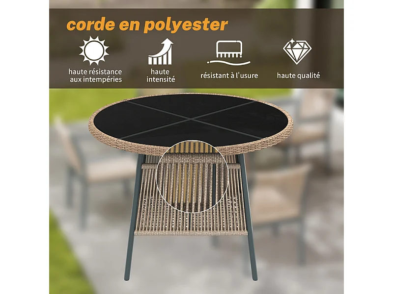 Sala de jardim em metal e rattan PE - mesa redonda e 4 poltronas - tampo de mesa em vidro - Cinzento