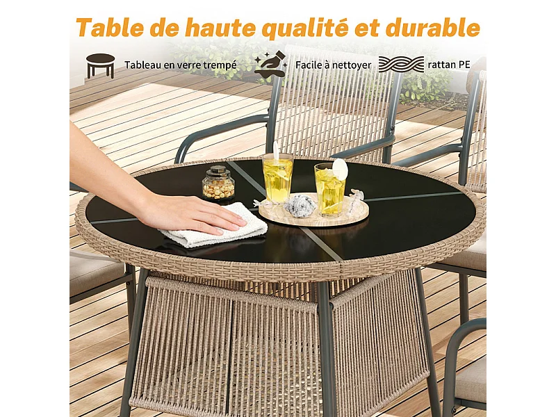 Sala de jardim em metal e rattan PE - mesa redonda e 4 poltronas - tampo de mesa em vidro - Cinzento