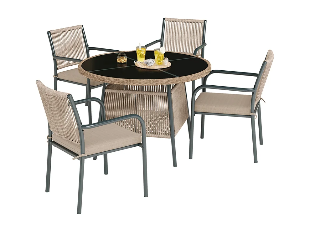 Sala de jardim em metal e rattan PE - mesa redonda e 4 poltronas - tampo de mesa em vidro - Cinzento