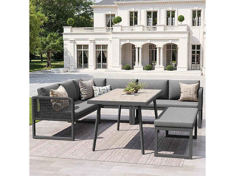 Sala de jardim de canto modular em metal - 6 a 8 lugares - com almofadas removíveis e laváveis - Cinzento