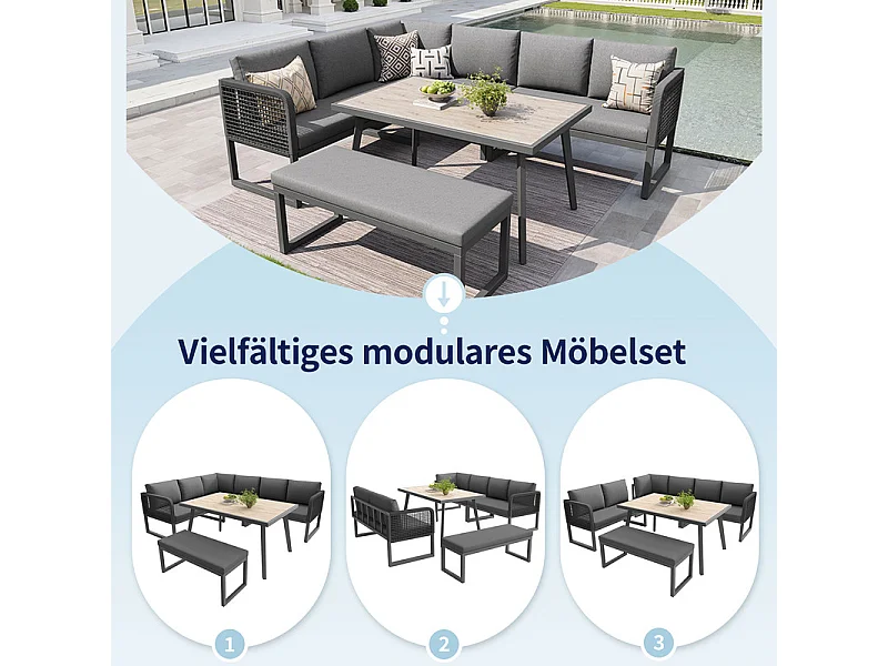 Sala de jardim de canto modular em metal - 6 a 8 lugares - com almofadas removíveis e laváveis - Cinzento