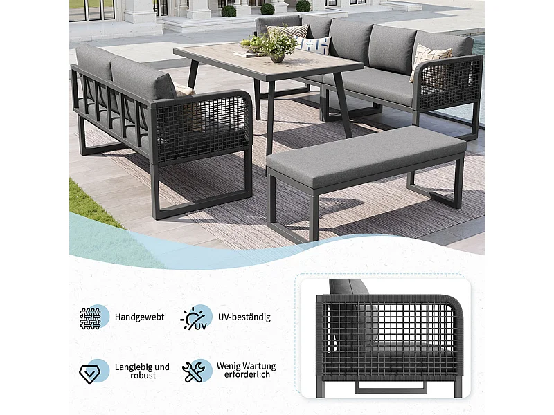 Sala de jardim de canto modular em metal - 6 a 8 lugares - com almofadas removíveis e laváveis - Cinzento