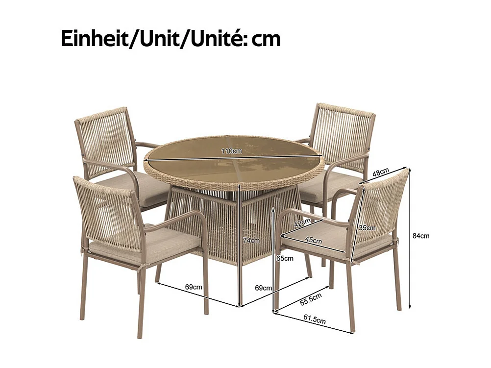 Sala de jardim em metal e rattan PE - mesa redonda e 4 poltronas - tampo de mesa em vidro - Castanho