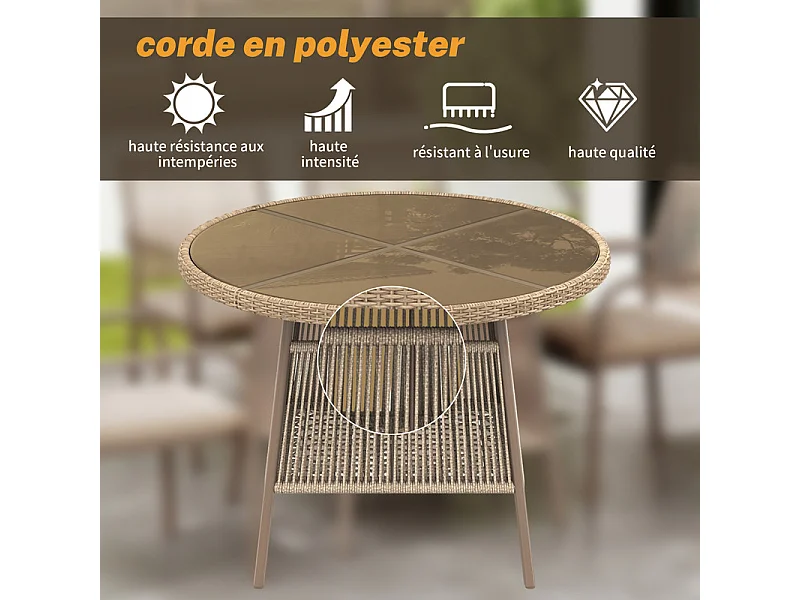 Sala de jardim em metal e rattan PE - mesa redonda e 4 poltronas - tampo de mesa em vidro - Castanho