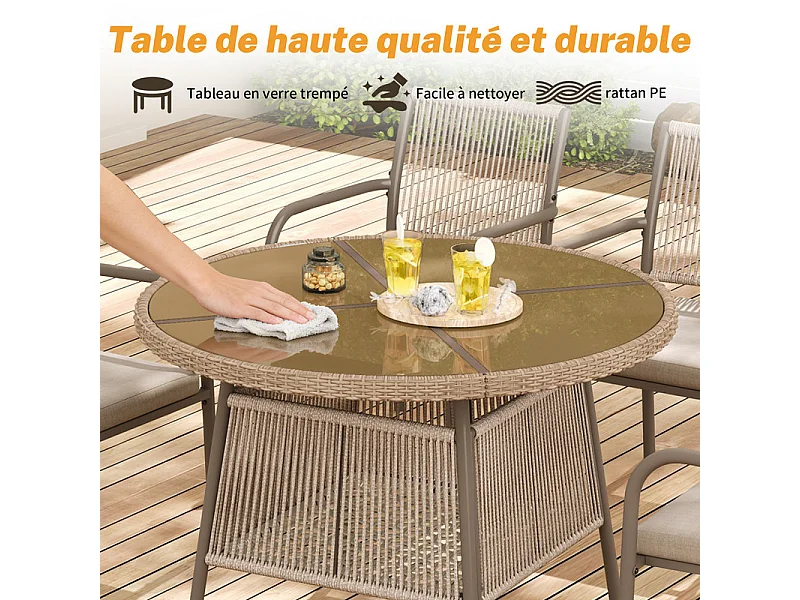 Sala de jardim em metal e rattan PE - mesa redonda e 4 poltronas - tampo de mesa em vidro - Castanho