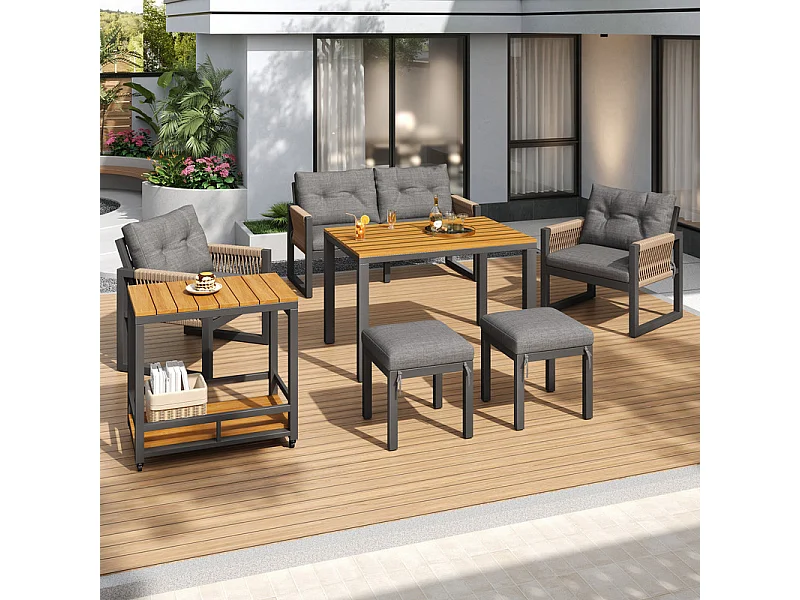 Conjunto de mobiliário de jardim: sofá 2 lugares, mesa amovível, 2 poltronas e 2 bancos - Cinzento