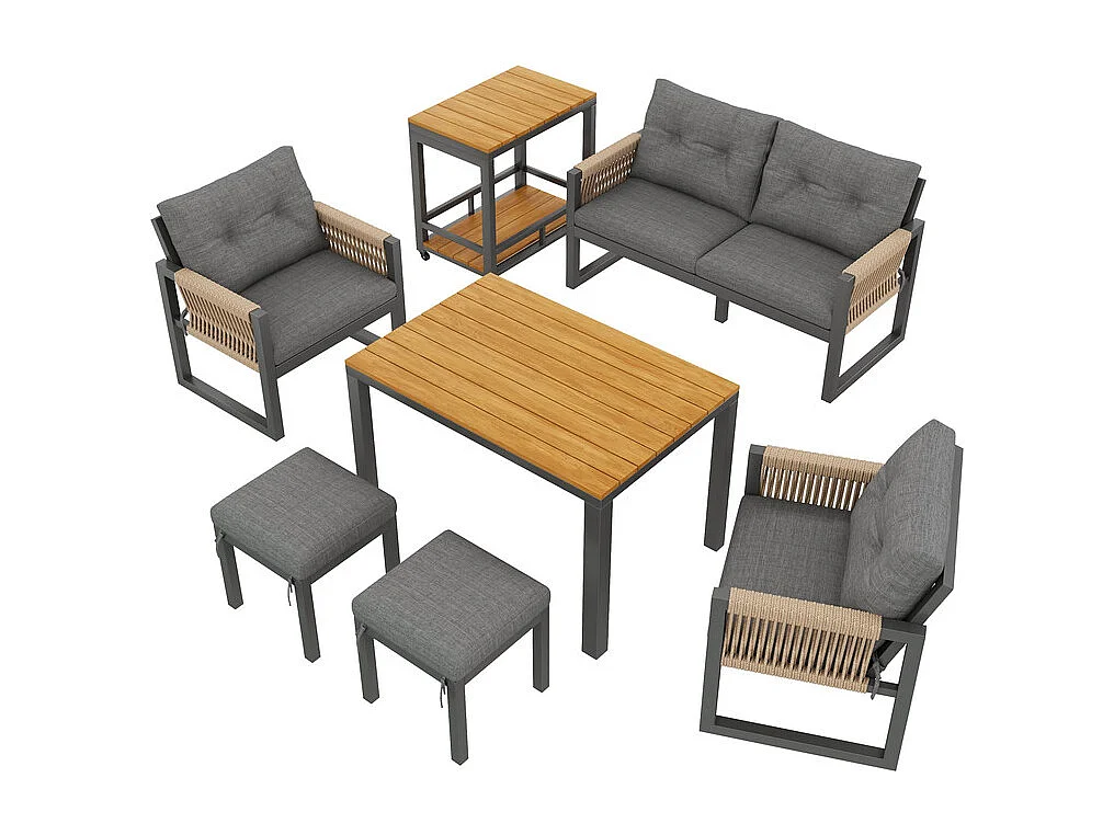 Conjunto de mobiliário de jardim: sofá 2 lugares, mesa amovível, 2 poltronas e 2 bancos - Cinzento