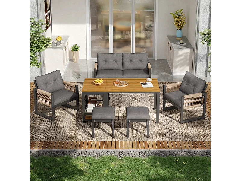 Conjunto de mobiliário de jardim: sofá 2 lugares, mesa amovível, 2 poltronas e 2 bancos - Cinzento