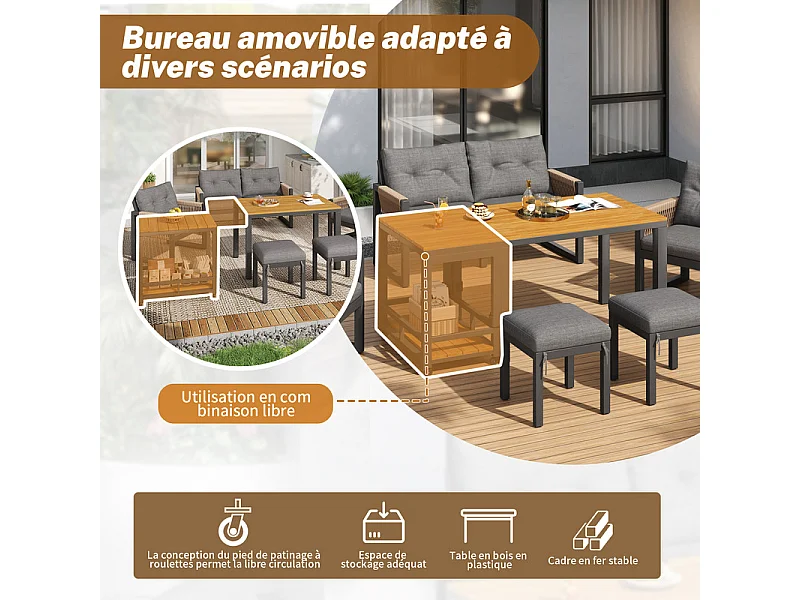 Conjunto de mobiliário de jardim: sofá 2 lugares, mesa amovível, 2 poltronas e 2 bancos - Cinzento