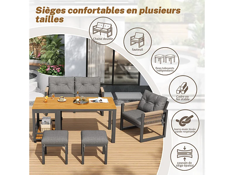 Conjunto de mobiliário de jardim: sofá 2 lugares, mesa amovível, 2 poltronas e 2 bancos - Cinzento