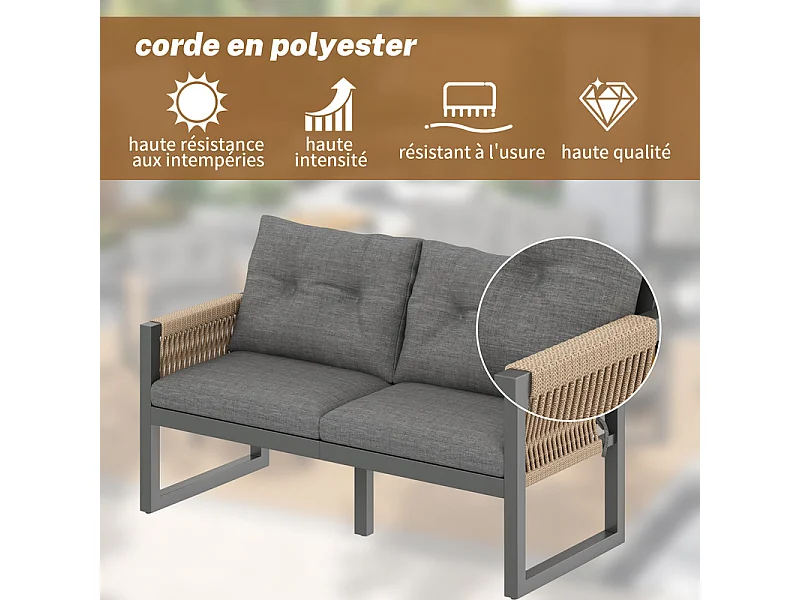 Conjunto de mobiliário de jardim: sofá 2 lugares, mesa amovível, 2 poltronas e 2 bancos - Cinzento