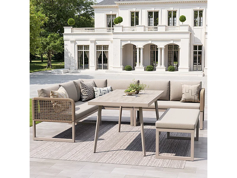 Sala de jardim de canto modular em metal - 6 a 8 lugares - com almofadas removíveis e laváveis - Bege